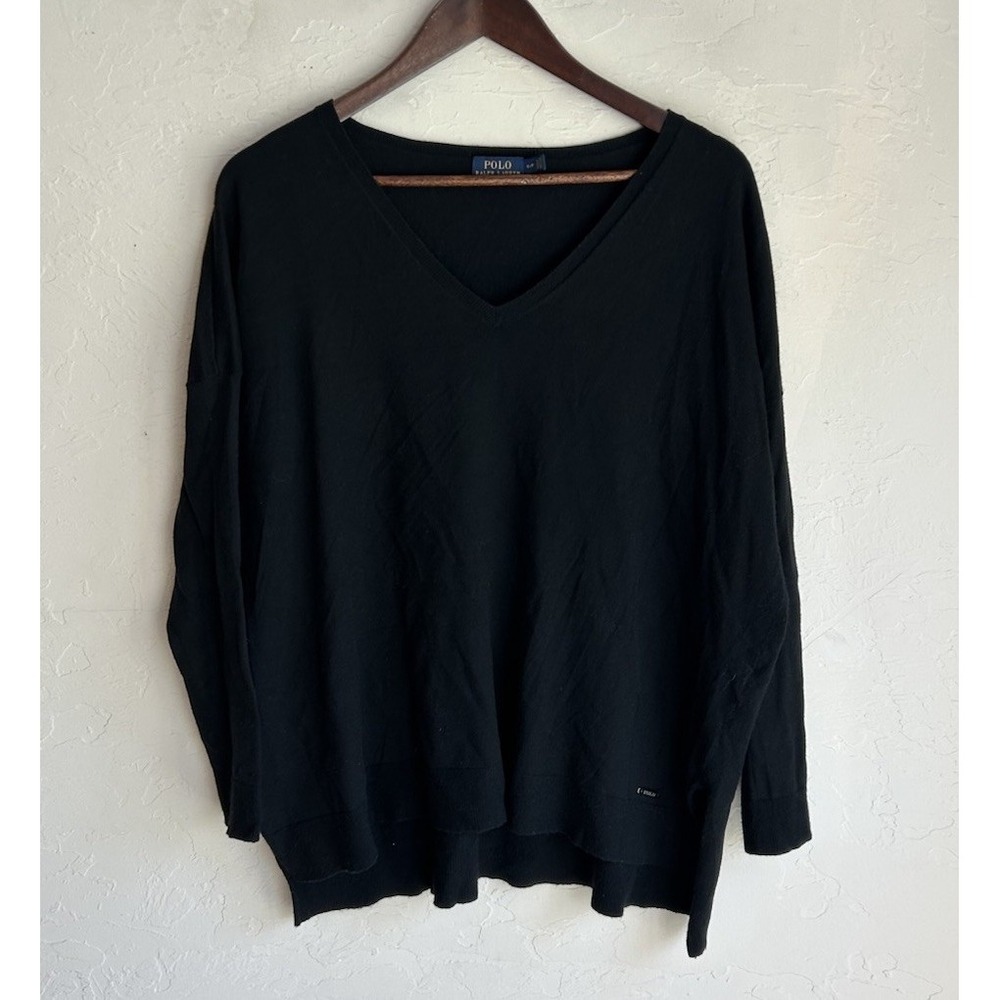 Polo Ralph Lauren Black V Neck Sweater S Boxy Relaxed Fit Minimalist Preppy Logo